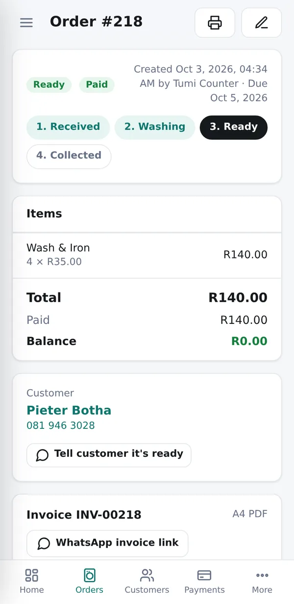 An order on a phone, marked Ready and Paid